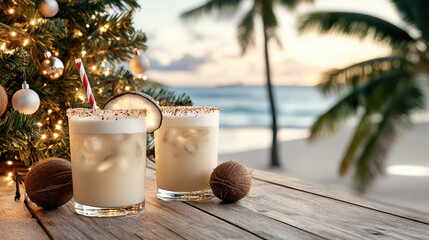 Tropical Christmas drinks with palm trees and festive decorations