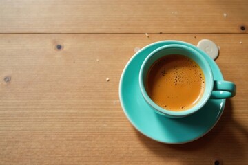 Obraz premium Aromatic espresso in a teal cup on a wood surface
