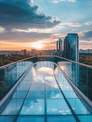 Obraz premium Urban glass bridge over the city with panoramic view during sunset