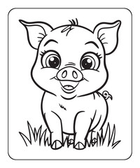 Pig coloring page for kids, black line art vector illustration on white background