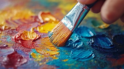 Fototapeta premium A paintbrush mixing vibrant oil paints on a wooden palette
