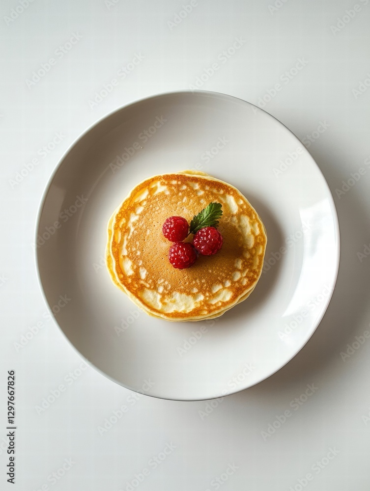 Poster delicate pancake topped with fresh raspberries and mint served on a smooth white plate. generative a