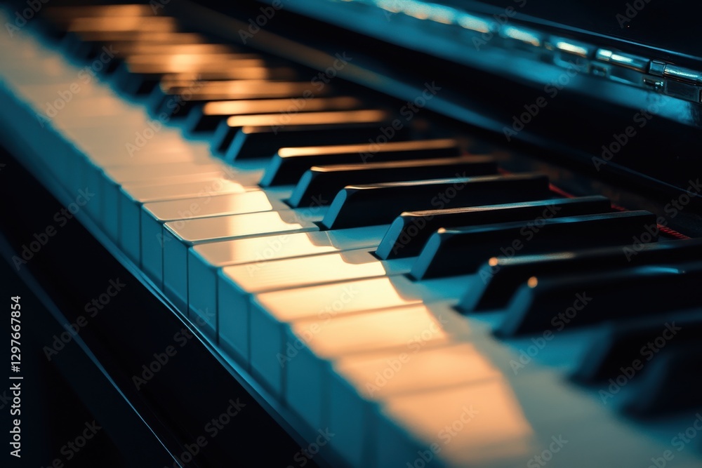Poster a close up of a piano keyboard with the keys illuminated by a light