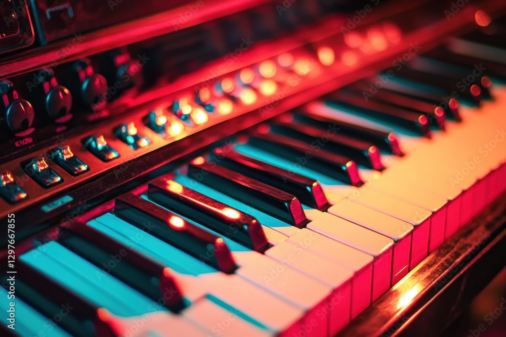 Poster a close up of a keyboard with a red and blue background