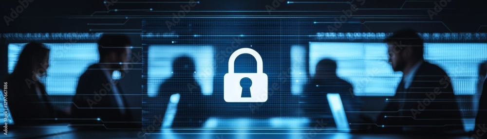 Poster a group of individuals is seated around a table, with a digital padlock graphic displayed, emphasizi