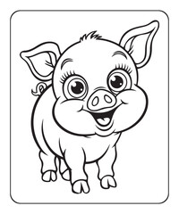 Pig coloring page for kids, black line art vector illustration on white background