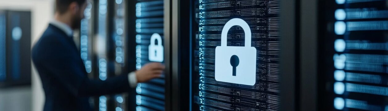 A professional in a suit interacts with a secure server, emphasizing cybersecurity with a digital padlock symbol.
