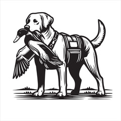 vector Labrador retriever/ Brittany Spaniel dog standing and holding a duck in its mouth