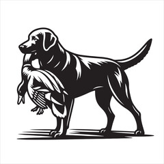 vector Labrador retriever/ Brittany Spaniel dog standing and holding a duck in its mouth