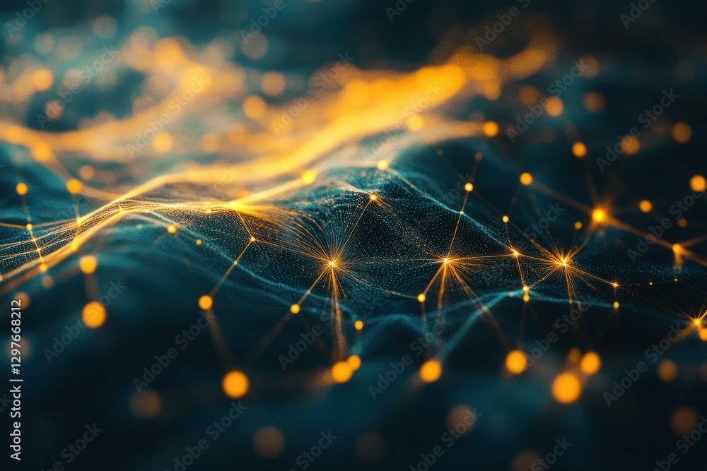 Poster a computer generated image of a blue and yellow wave with many small dots