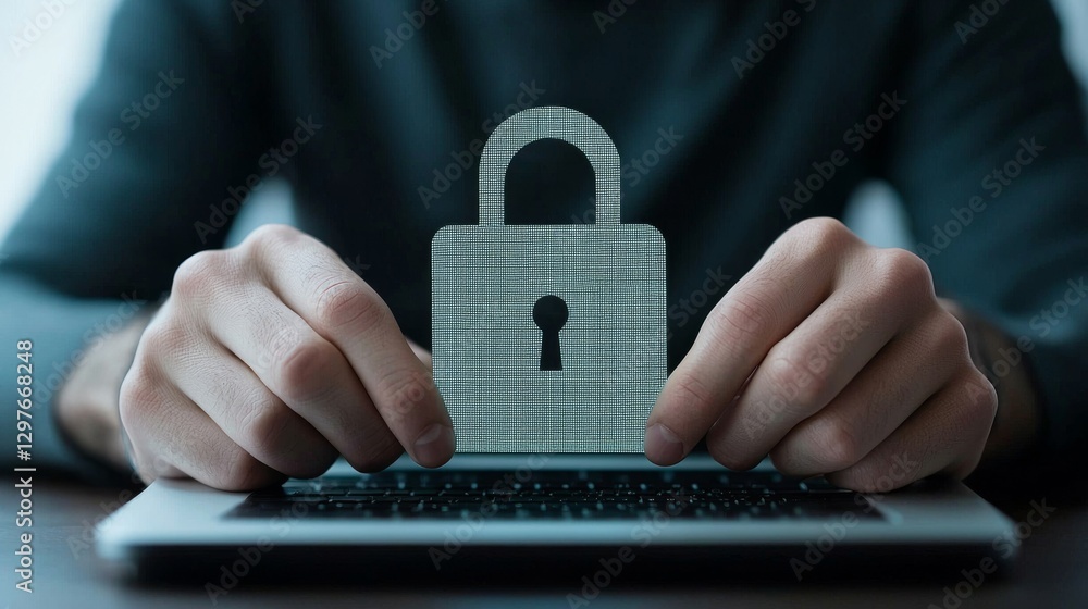 Poster a person is using a laptop with a digital lock symbol, symbolizing online security and data protecti