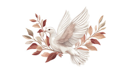 A watercolor painting depicts a white dove in flight, positioned centrally. The dove is rendered with soft, blended washes of white and beige, suggesting feathers.  The wings are outstretched,