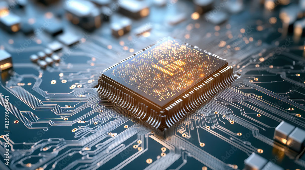 Poster advanced ai neural processing chip on circuit board, showcasing technology