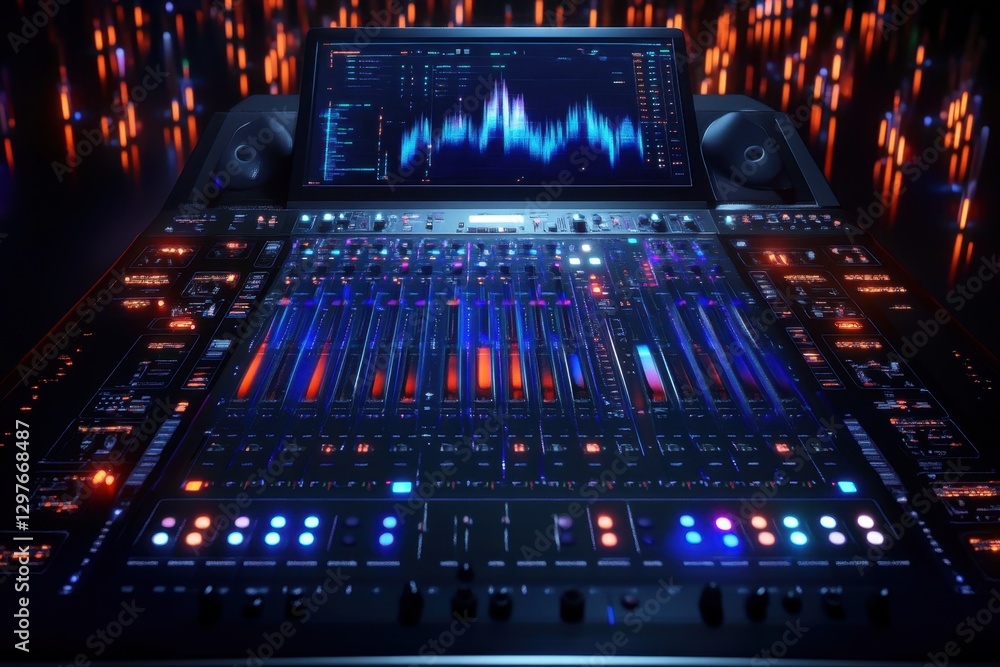 Poster a computer monitor displays a colorful and complex soundboard with many buttons