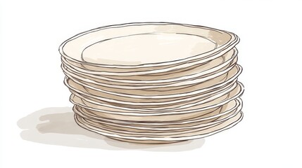 Obraz premium 66.An artistic illustration of a stack of eco-friendly disposable plates, complete with fine line detailing and natural color tones, set against a plain white background.