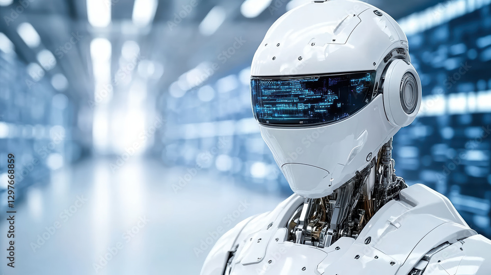 Poster futuristic humanoid robot with sleek design and digital interface