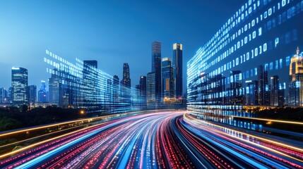 Obraz premium High-tech metropolis urban cityscape digital art futuristic environment night view technology vision