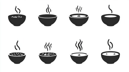 Fototapeta premium 86.A collection of clean and minimal soup bowl vector icons, each featuring unique steam patterns and simple designs, arranged uniformly on a white background for a polished look.