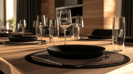 108.A clean and modern dining setup featuring black tableware, rustic woven placemats, and clear glass goblets, accented by the natural wood grain of the table and the warm ambiance of a well-lit