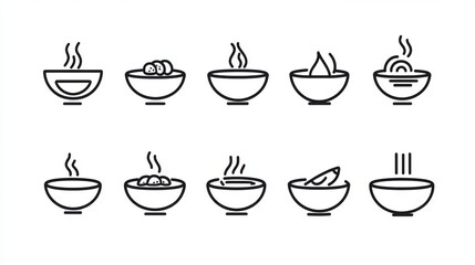 86.A collection of clean and minimal soup bowl vector icons, each featuring unique steam patterns and simple designs, arranged uniformly on a white background for a polished look.