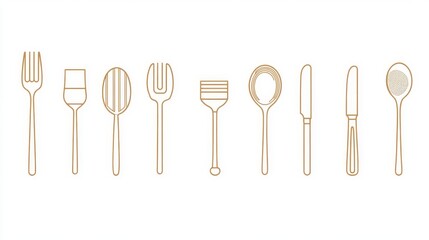 15.A collection of editable line art icons representing various dining utensils, drawn in a modern, flat style with balanced proportions and clear detail, designed for versatile use.