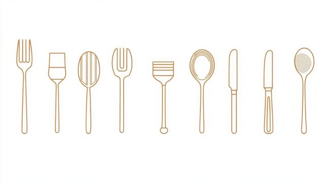 15.A collection of editable line art icons representing various dining utensils, drawn in a modern, flat style with balanced proportions and clear detail, designed for versatile use.