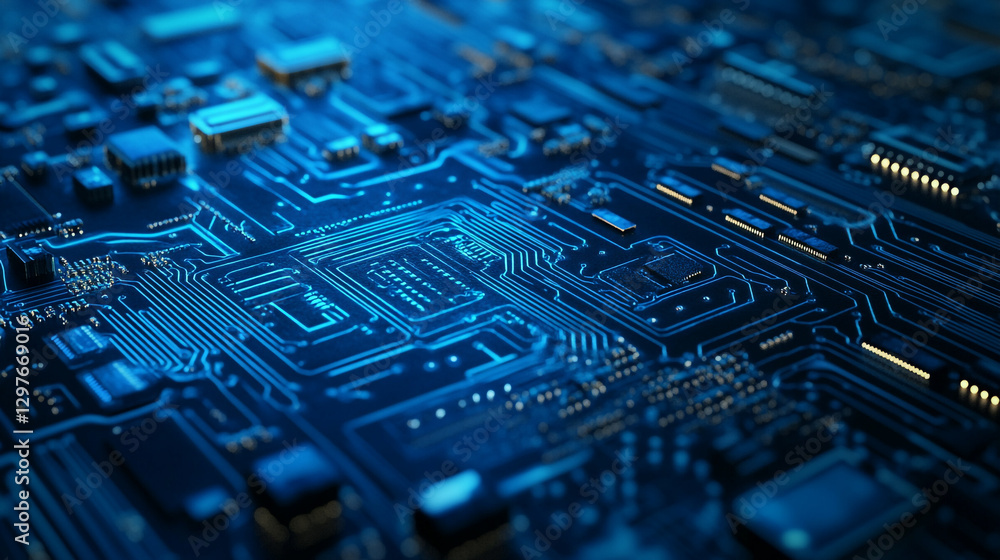 Poster abstract blue circuit board technology background image digital electronic data chip system future
