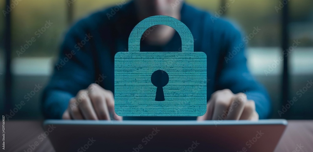 Poster a person working on a laptop with a digital lock symbol, representing cybersecurity and data protect