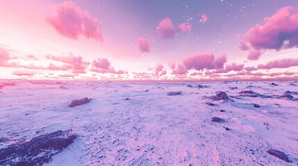 Pink And Purple Sunset Over Snowy Landscape