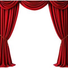 Elegant red theater curtains gracefully parted, revealing a blank white background. Ideal for concepts related to stage performances, drama, cinema, and presentations.