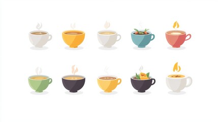 74.A collection of flat-style soup bowl icons, each featuring simple, clean lines and uniform designs, showcasing various bowls filled with steaming soups, isolated on a white background.