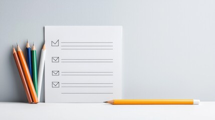 Checklist paper, pencils, table, grey background, planning