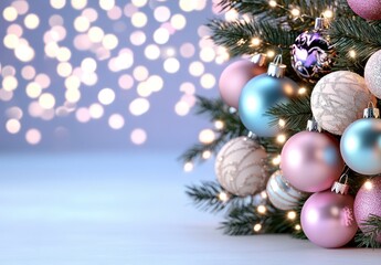 Pastel Christmas Ornaments on Decorated Tree Branch with Bokeh Lights