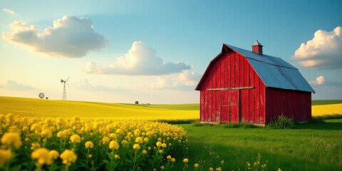 Rustic Red Barn Amidst a Vibrant Yellow Field Under a Serene Sky with Windmills in the Distance