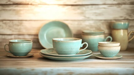 Fototapeta premium 51.A cozy composition of ceramic tableware in muted pastel tones, featuring mismatched dishes and cups, arranged on a textured wooden table under warm lighting.