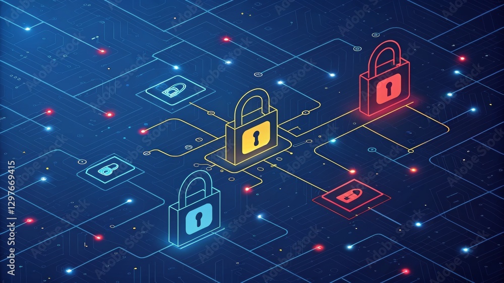 Poster a digital illustration depicting various colored locks symbolizing cybersecurity and data protection