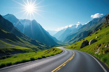 Fototapeta premium Asphalt ribbon winding through a majestic mountain valley bathed in sunlight, a scenic journey of breathtaking beauty