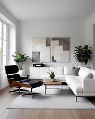 Modern minimalist living room with a sleek white sofa, black armchair, abstract wall art, large windows, and natural wood flooring, creating a stylish and sophisticated interior design

