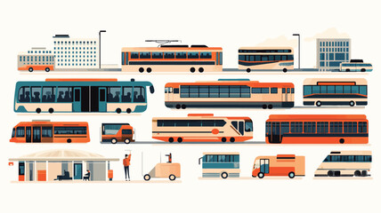 A digital illustration featuring a collection of various public transportation vehicles, including buses, trams, and trolleybuses.  The vehicles are depicted in a simplified, flat design style with