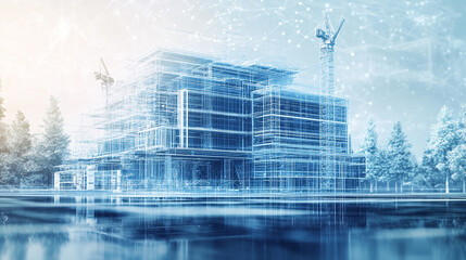 Modern building architectural wireframe design winter landscape 3d blue cold city model crane trees