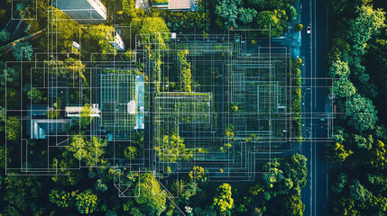 Aerial view of green urban landscape with modern building and network grid overlay top eco city trees