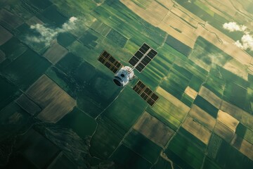 A satellite is flying over a field of grass
