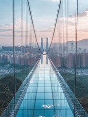 Obraz premium Spectacular glass bridge over lush greenery with distant city skyline