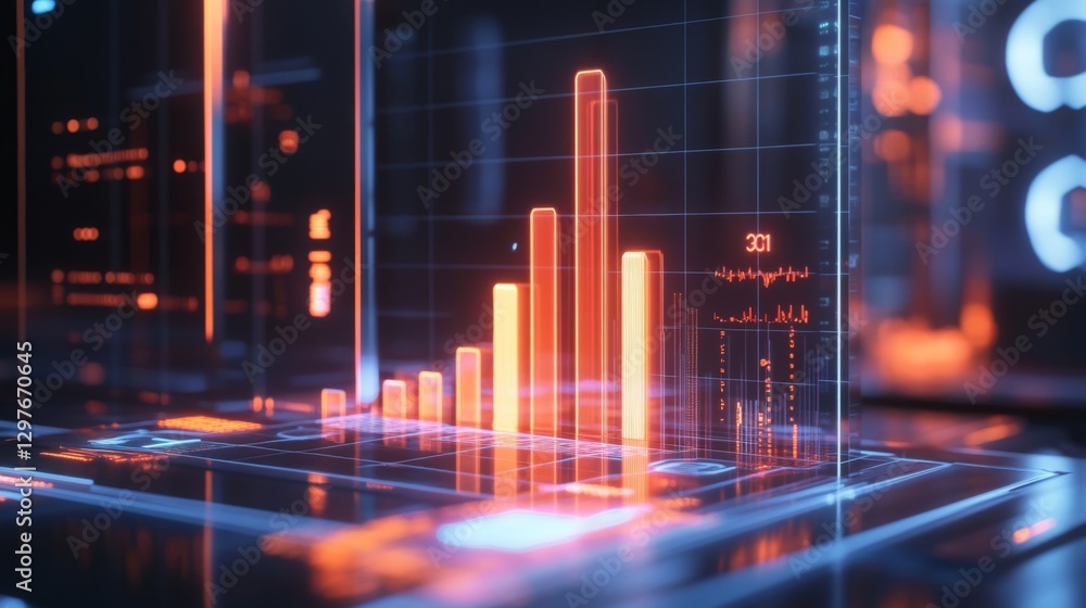 Poster a close-up of a glowing d bar chart on a transparent screen, with financial statistics and analytics