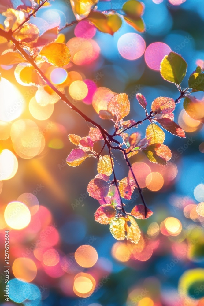 Poster radiant autumn leaves illuminated by golden sunlight creating a dreamy bokeh background in a nature 