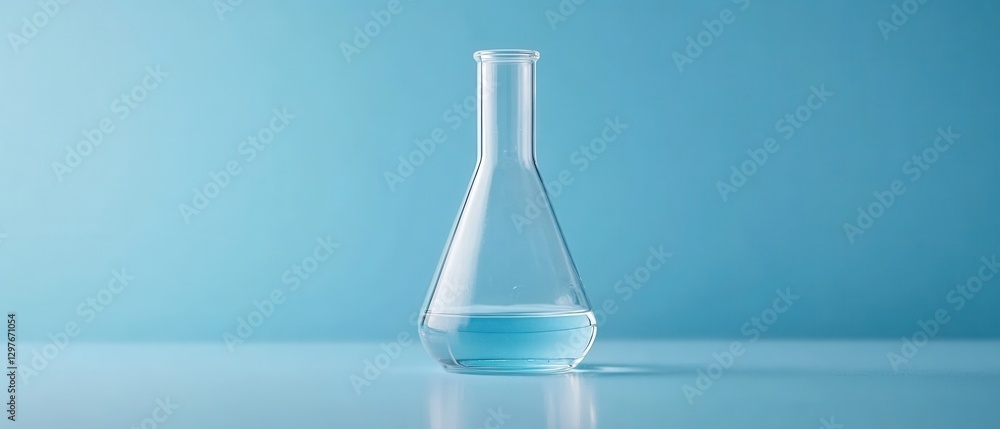 Poster clear erlenmeyer flask filled with light blue liquid on a matching blue background in a studio setti