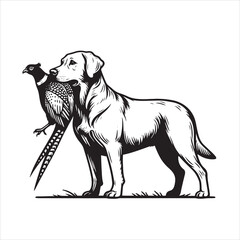 vector  hunting labrador retriever/ Brittany Spaniel dog standing and holding a duck in its mouth