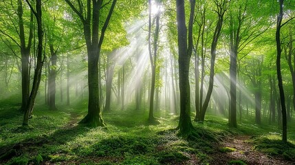 Naklejka premium Sunbeams in Misty Green Forest