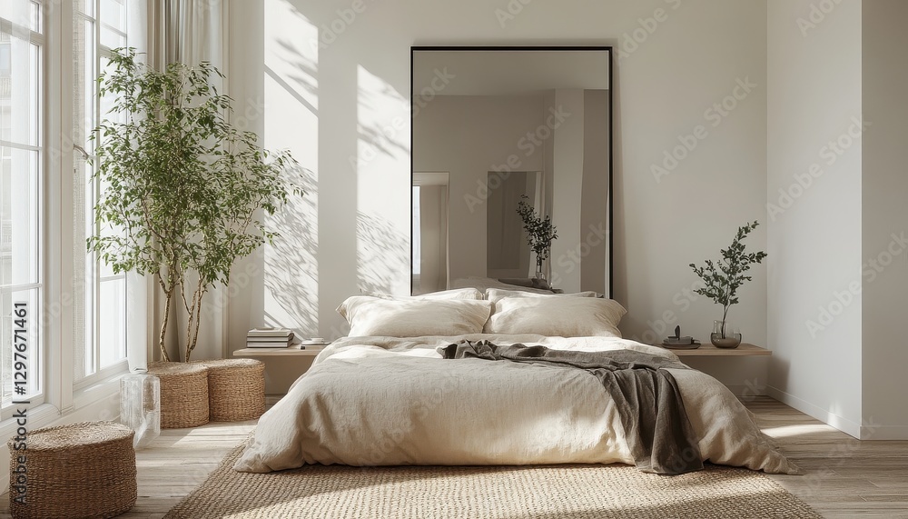 Poster modern minimalist bedroom design featuring natural light and simple decor in a relaxing setting