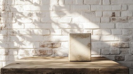 4.A rectangular wooden pedestal with beveled edges on a farmhouse-style kitchen table, white brick wall providing a textured and neutral backdrop under diffused lighting.